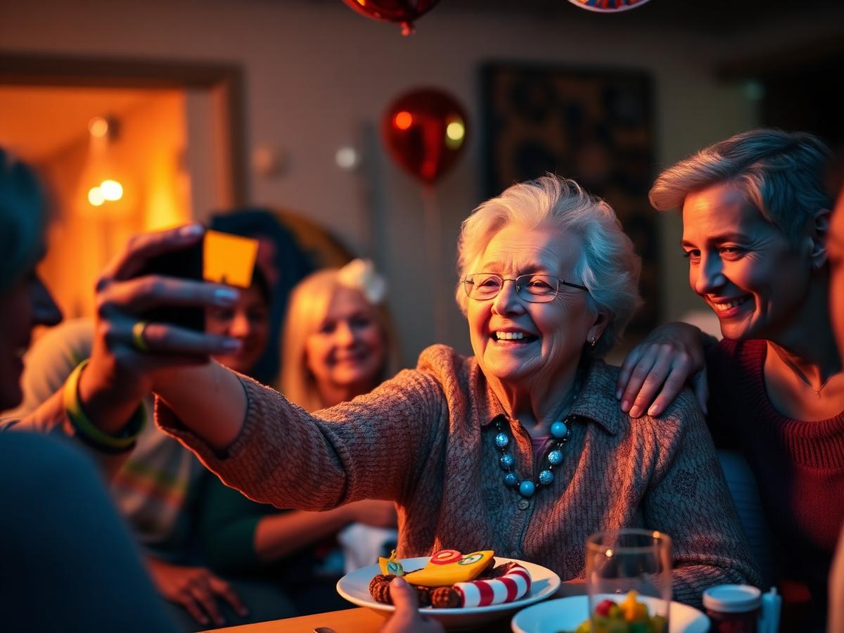 A grandmother taking a photo on her phone at a family birthday party