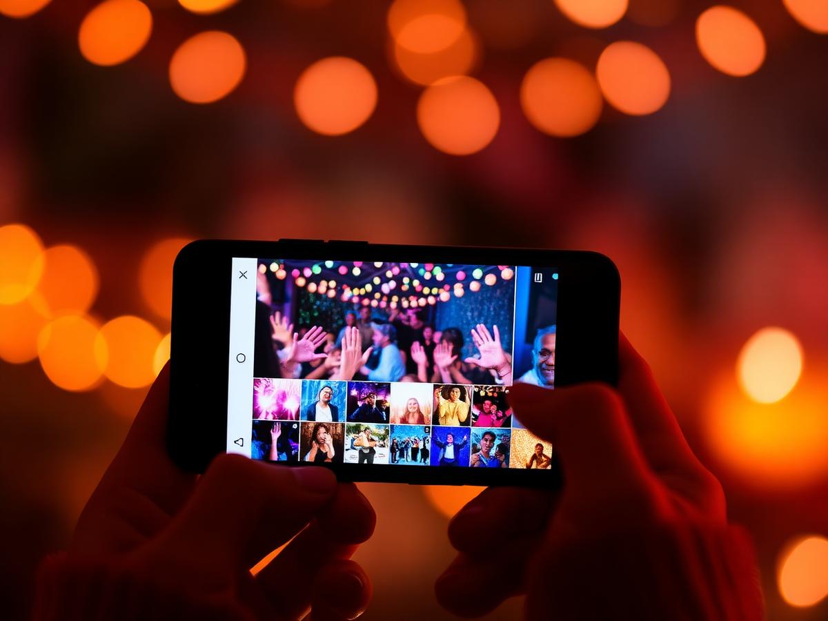 Hands holding a phone showing a grid gallery of party photos